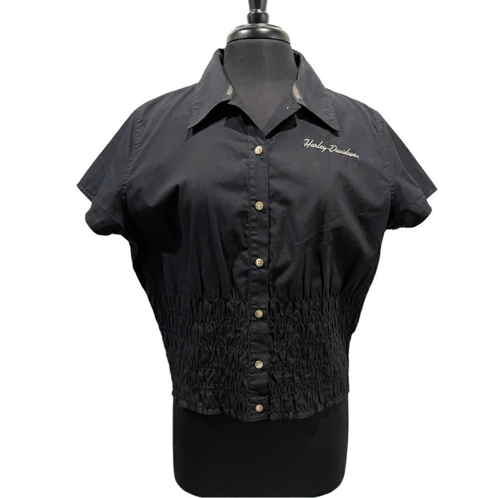 Harley Davidson Smocked Waist Button Front Top Sz XL